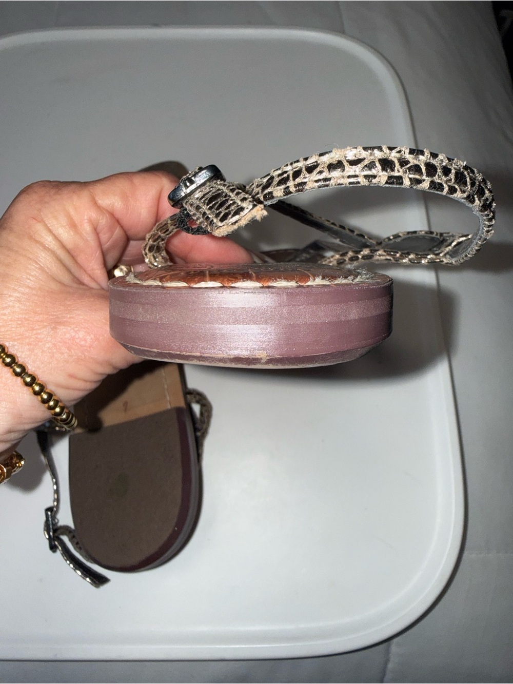 Sam Eidelman  Gigi Metallic Snake-Print T-Strap Women's Sandals - Bronze. 7 - Picture 7 of 7